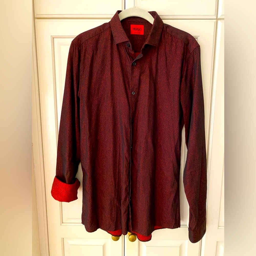 HUGO BOSS Dress Shirt burgundy 100% cotton Extra Slim Long Sleeve Men's 38/15